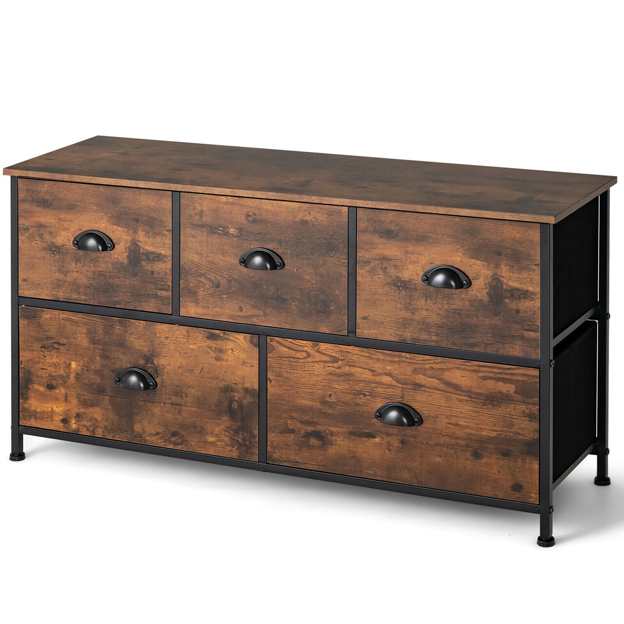 Large Rustic Brown Dresser with 5 Removable Fabric Drawers and Metal Handles for Home Storage